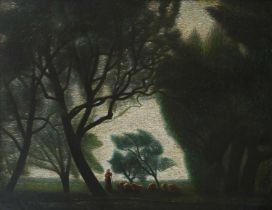 French School Early 20th Century Landscape with a shepherd and his flock under the trees Oil on