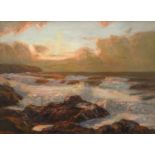 Julius Olsson RA (1864-1942) Waves against the rocks at sunset Signed Julius Olsson (lower left) Oil