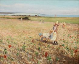 Arthur Ellis (1856-1918) Children in cornfield, with the sea beyond Signed ARTHUR ELLIS (lower