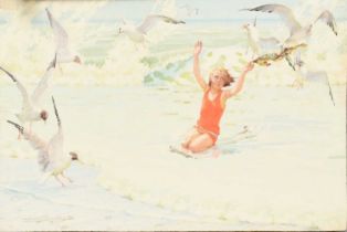 Arthur H. Buckland (1870-1948) A girl on a beach surrounded by seagulls Signed and dated