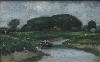 Benjamin Fisher (act.1889-1938) River landscape with a moored boat Oil on canvasboard 12.2 x 19.8cm