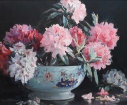 Φ Nina Hill (1877-1970) Still life with rhododendrons in a bowl Signed Nina Hill (lower right) Oil