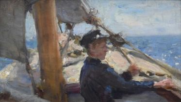 Henry Scott Tuke RA, RWS (1858-1929) John Jackett at the Sheets Oil on panel 13.8 x 23.3cm