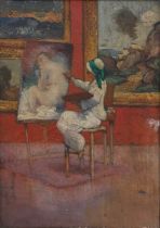 British School Early 20th Century A lady painting in a gallery Oil on canvas 35.8 x 25.5cm