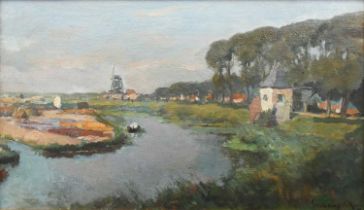 Φ Johannes Embrosius van de Wetering de Rooij (Dutch 1877-1972) River landscape with a windmill in