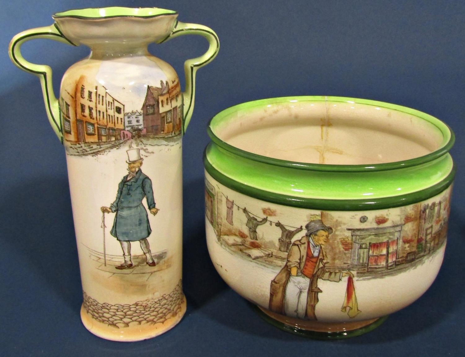 A collection of Royal Doulton Dickens ware comprising jardinière, vases, coffee pot, teapot, vesta - Image 2 of 2