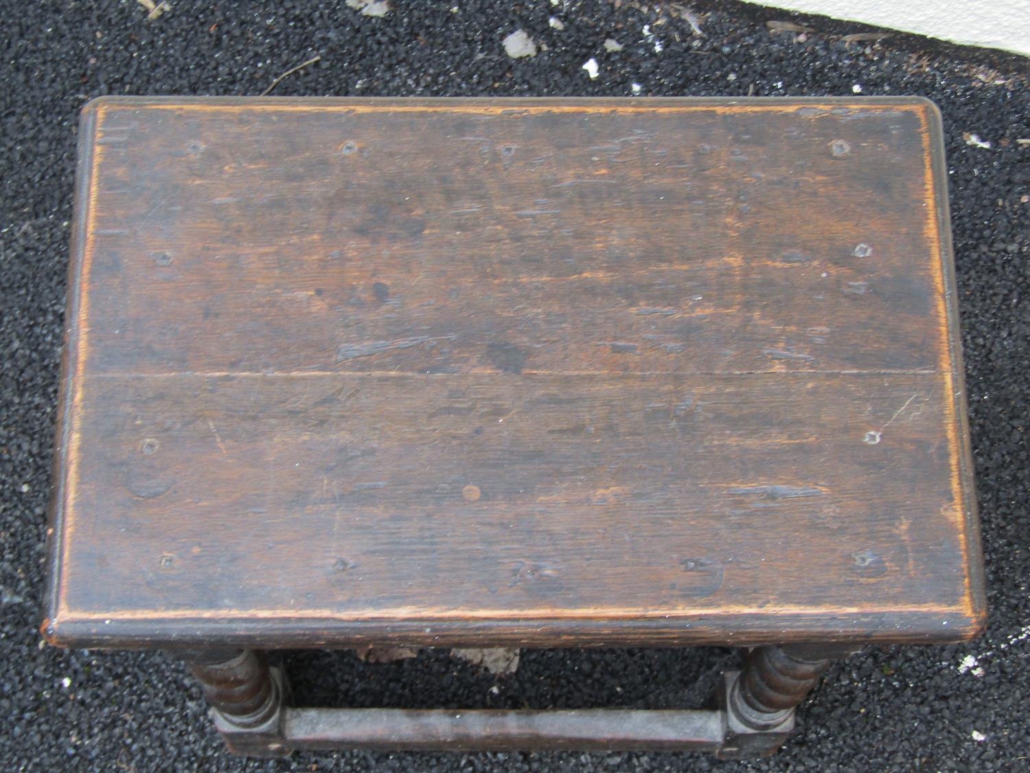 An old English oak joint stool on barley twist supports together with a small walnut and figured - Image 4 of 5