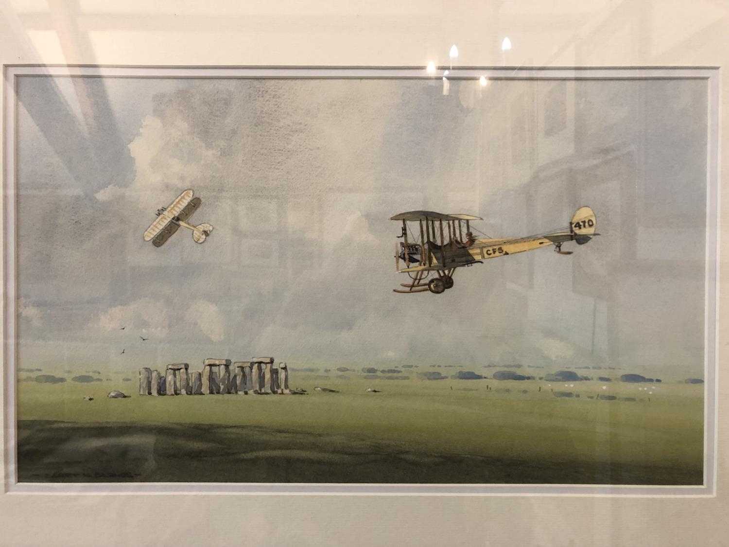 Barry K. Barnes - Biplanes Flying Ove Stonehenge, watercolour on paper, signed lower left, 29 x 49 - Image 2 of 4