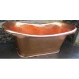 A copper roll top bath tub with centralised plug hole and fitting, approx 170 cm long x 73 cm high