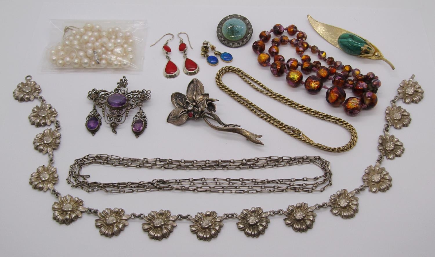 Mixed collection of costume jewellery to include an 800 silver collar necklace with flower head