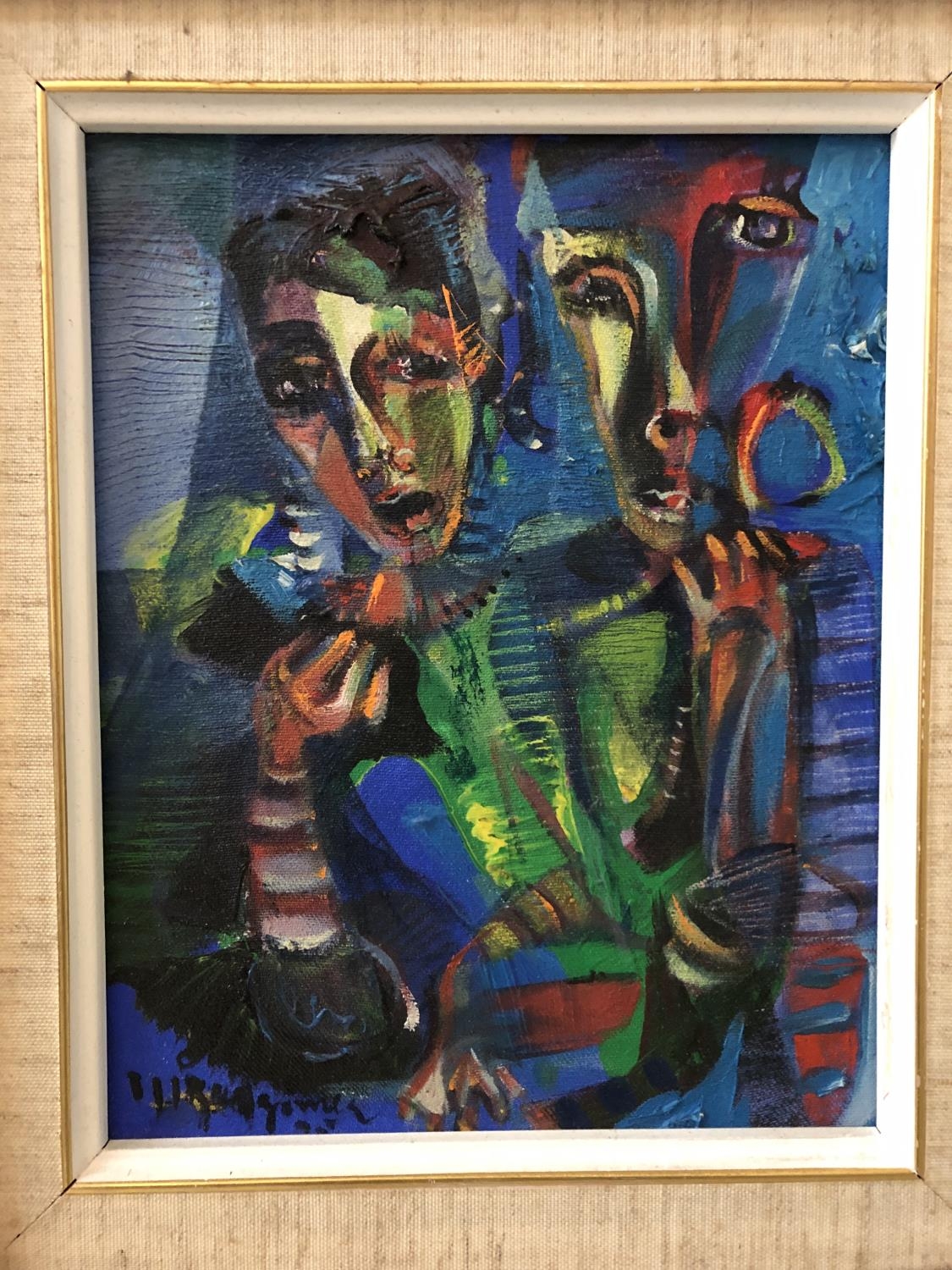 Two 20th century paintings and six prints: Expressionistic portrait of two figures, oil on canvas, - Image 2 of 5