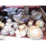 A collection of mainly 19th century china including ironstone plates, large punchbowl and ladle, two