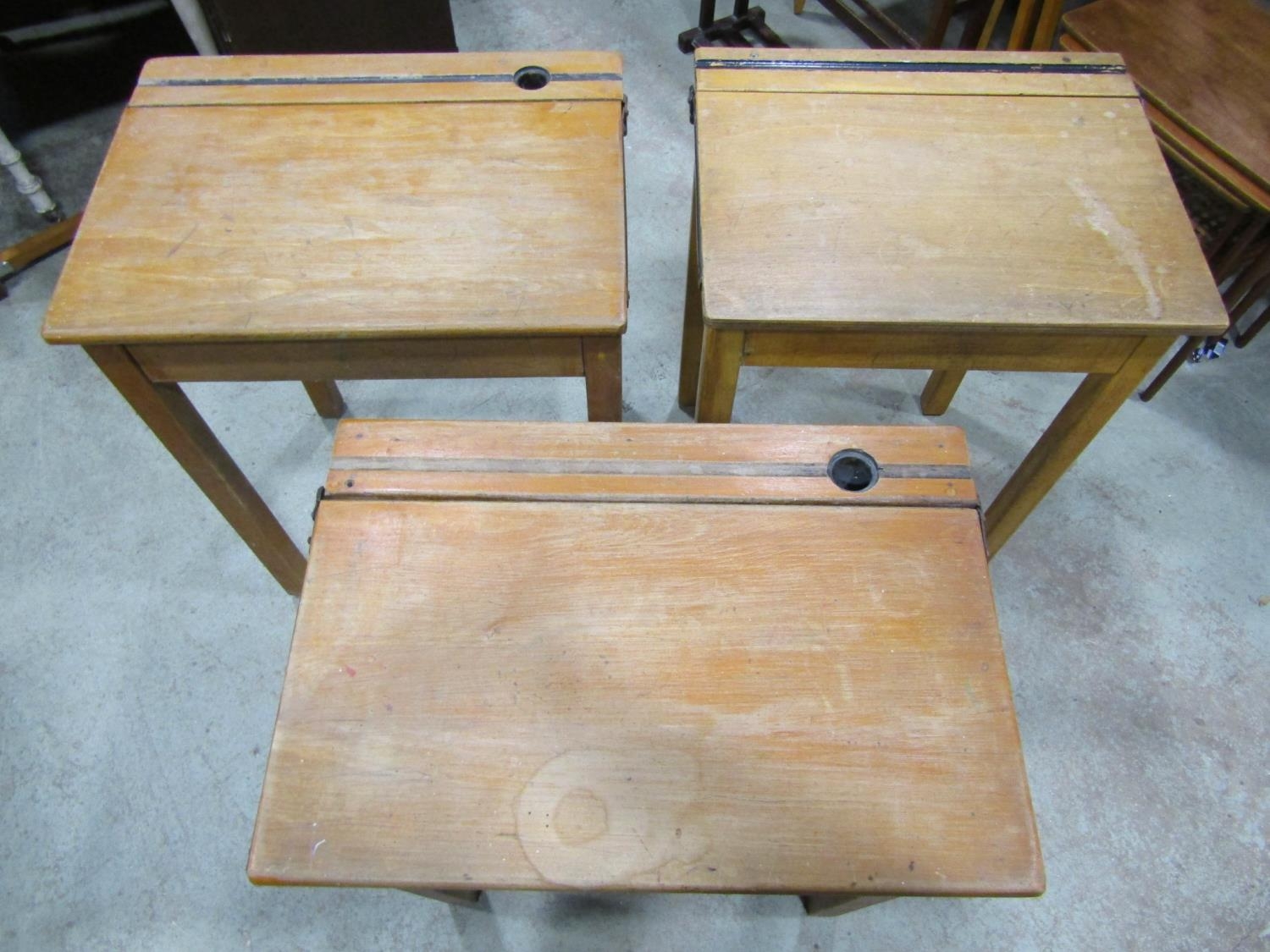 Three vintage beechwood school desks with hinged lids and metal fittings - Image 2 of 2