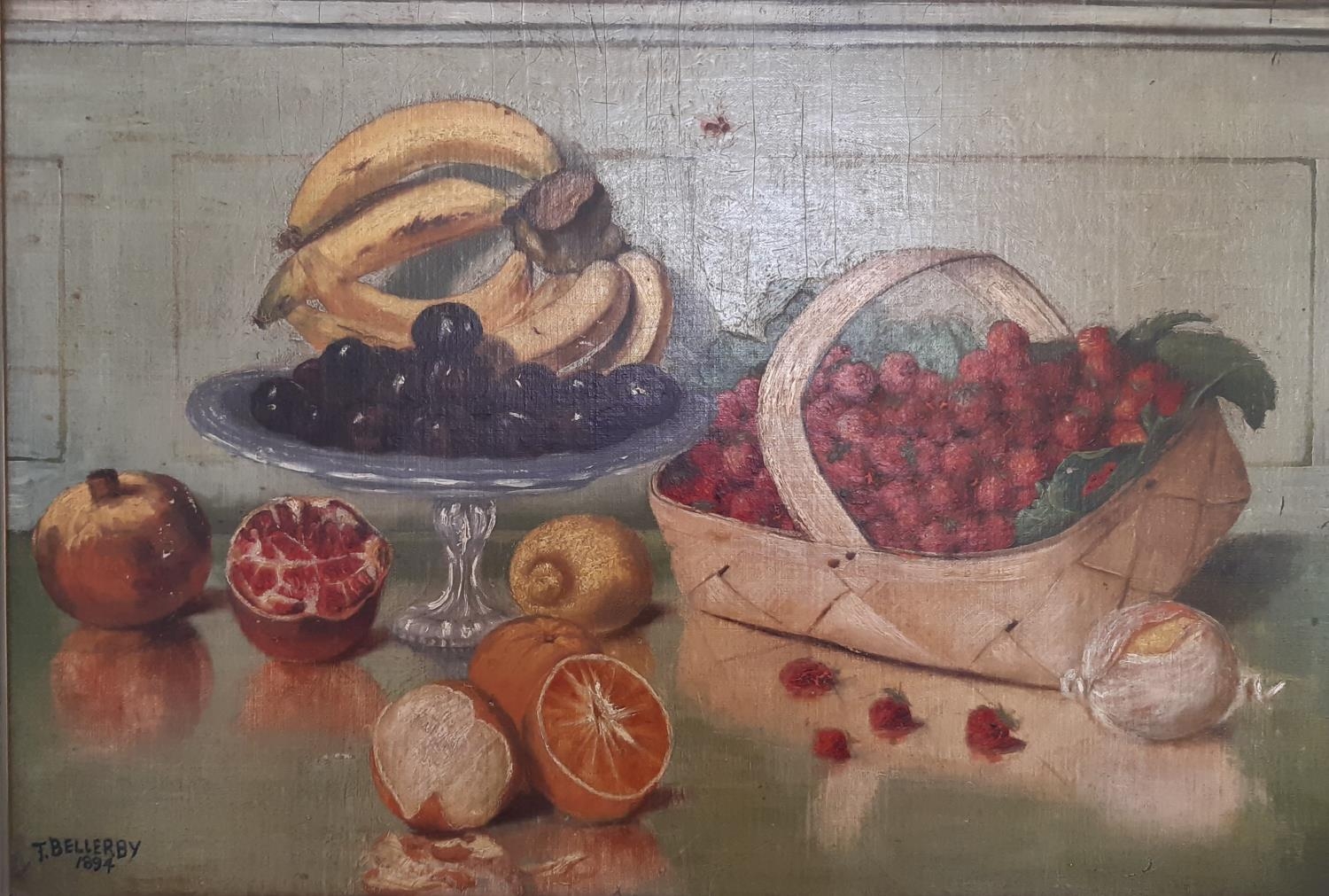 Two oil paintings: T. Bellerby - Still Life With Fruit, 1894, signed and dated lower left, oil on - Image 2 of 4