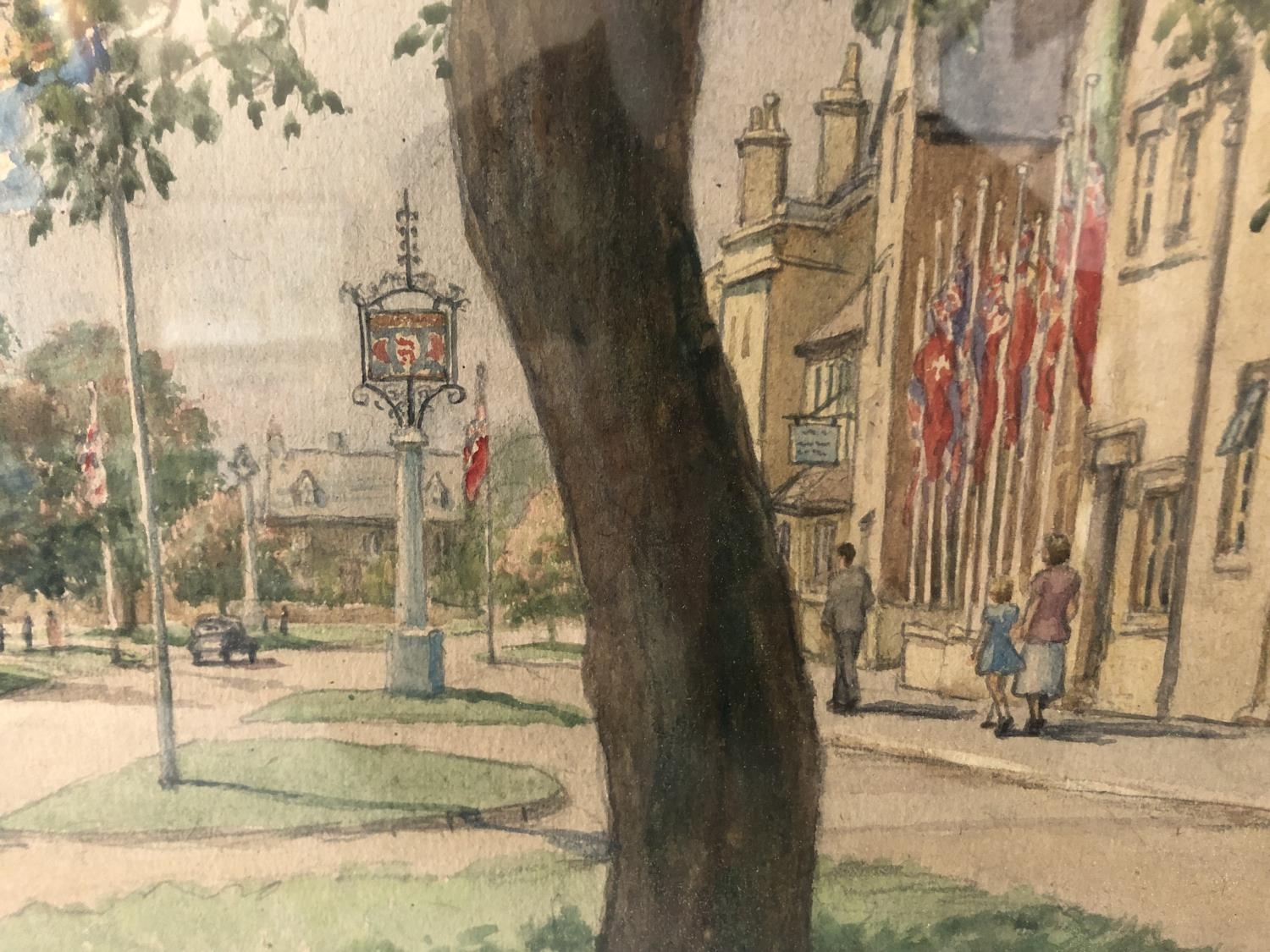 Watercolour and two prints: Tom Whitehead (1886-1959) - Town Street Scene, 1953, watercolour on - Image 4 of 7