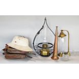 Miscellaneous effects to include two 19th century bellows, a pith helmet, hanging oil lamp on