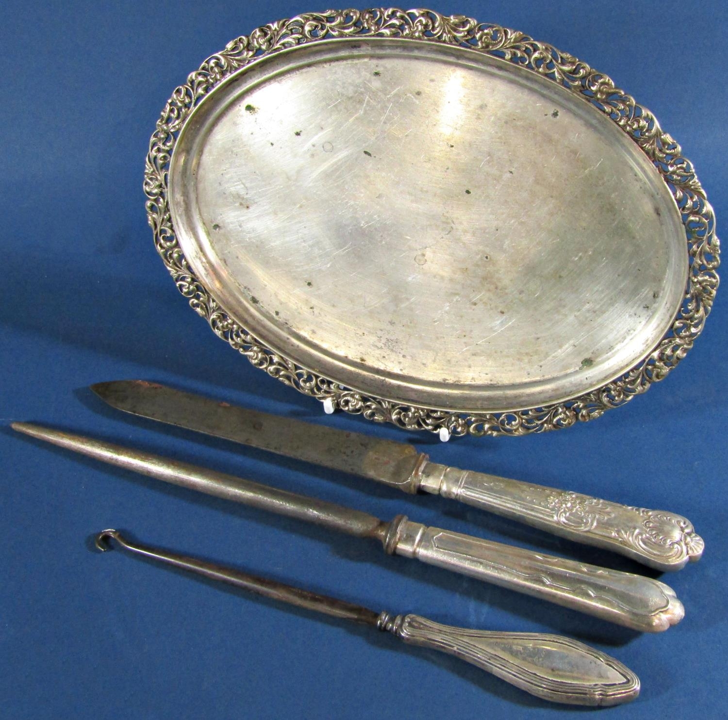 A silver metal oval dish with pierced foliate border bearing a Dutch rampant lion hallmark, maker ZZ