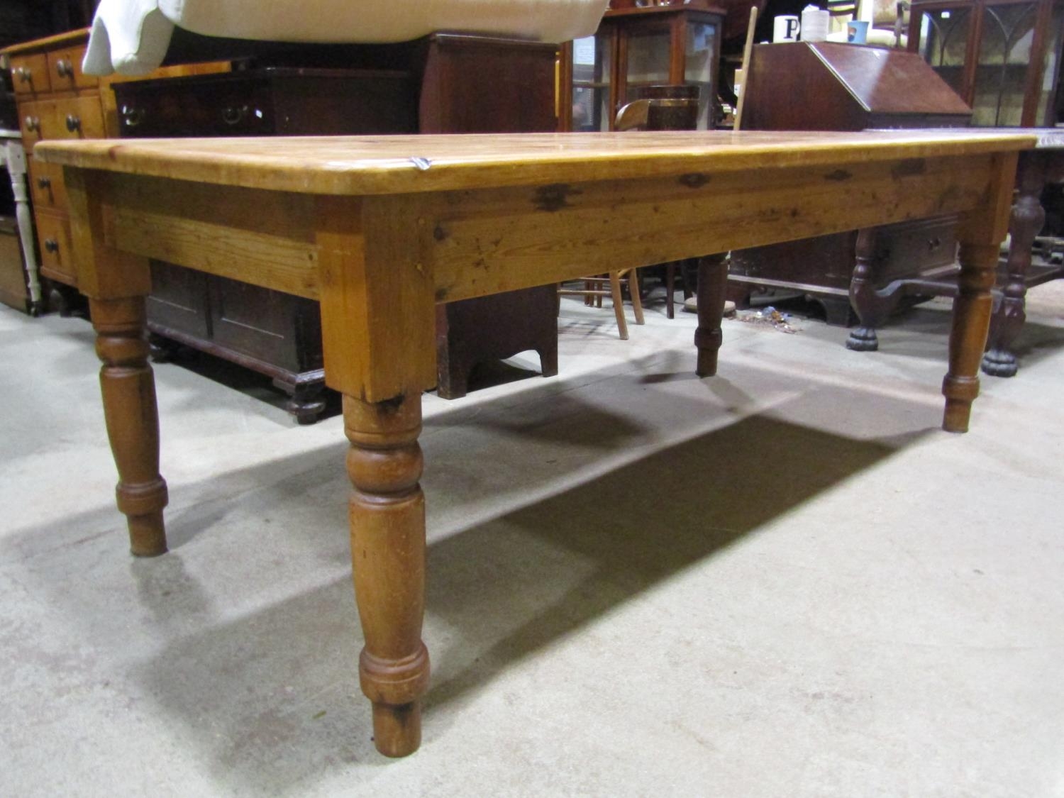 A Victorian style stripped pine farmhouse kitchen table, the rectangular top with rounded corners, - Image 3 of 4