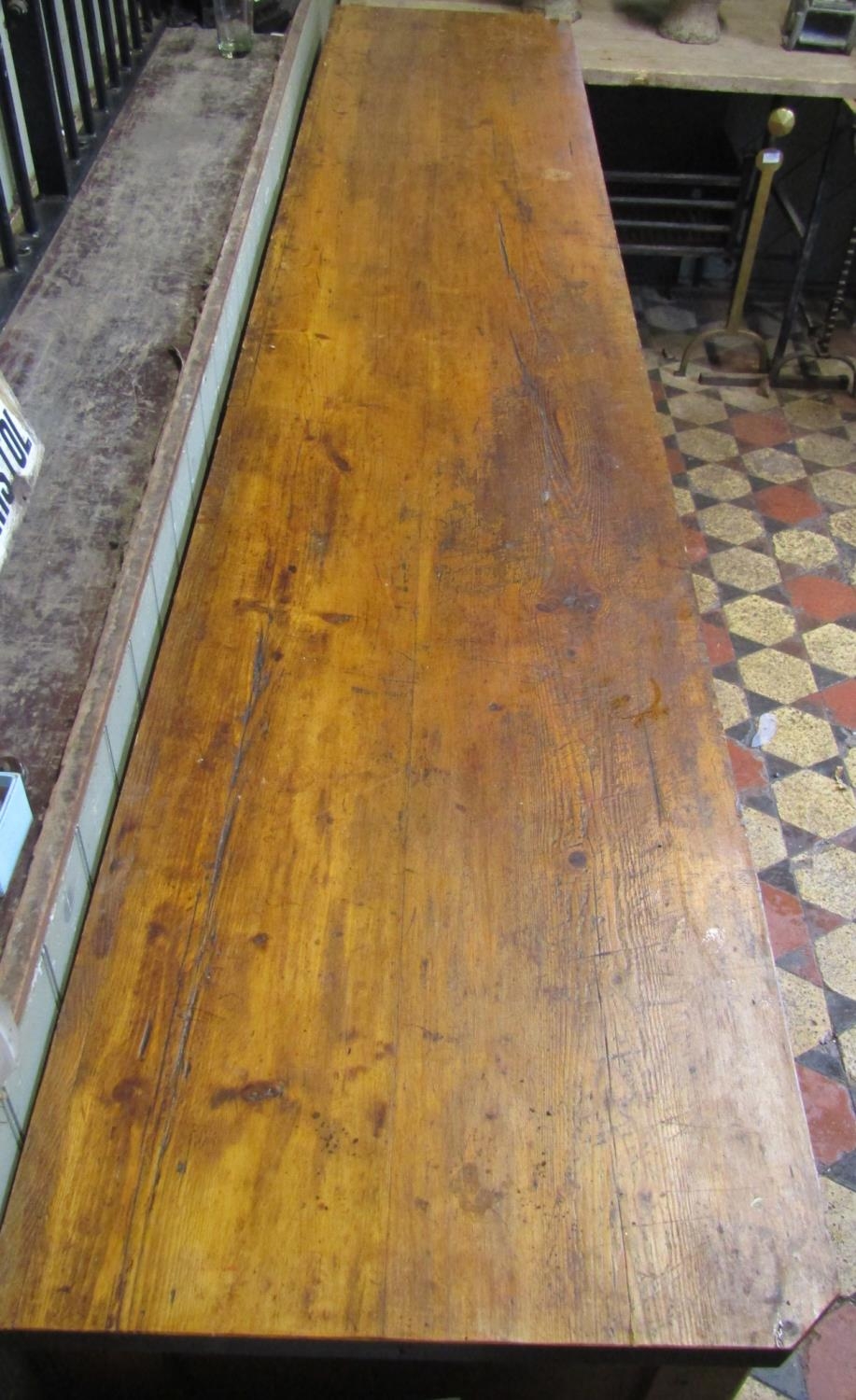 A large pine farmhouse kitchen dresser base partially enclosed by four twin rectangular panelled - Image 2 of 3