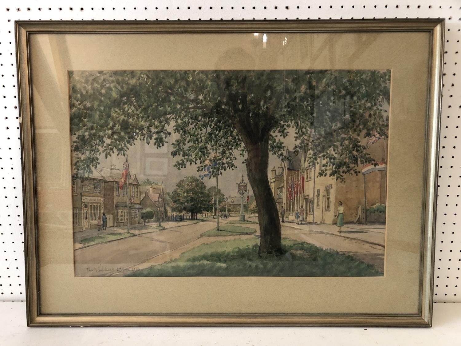 Watercolour and two prints: Tom Whitehead (1886-1959) - Town Street Scene, 1953, watercolour on