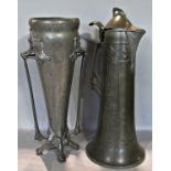 Art Nouveau pewter ewer, with cylindrical tapering body, pierced handle and hinged cover, together