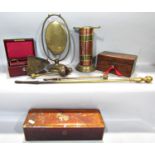 A lacquered glove box, a rosewood box, leather jewel box, brass table gong, etc