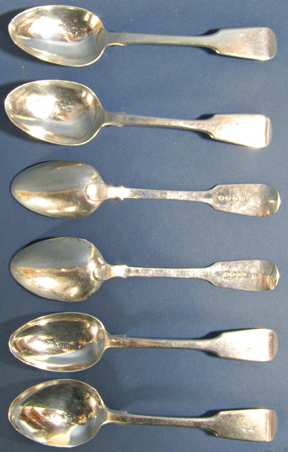 Six Victorian silver fiddle pattern dessert spoons, London 1840 & 1846 by Samuel Hayne and Dudley - Image 2 of 2