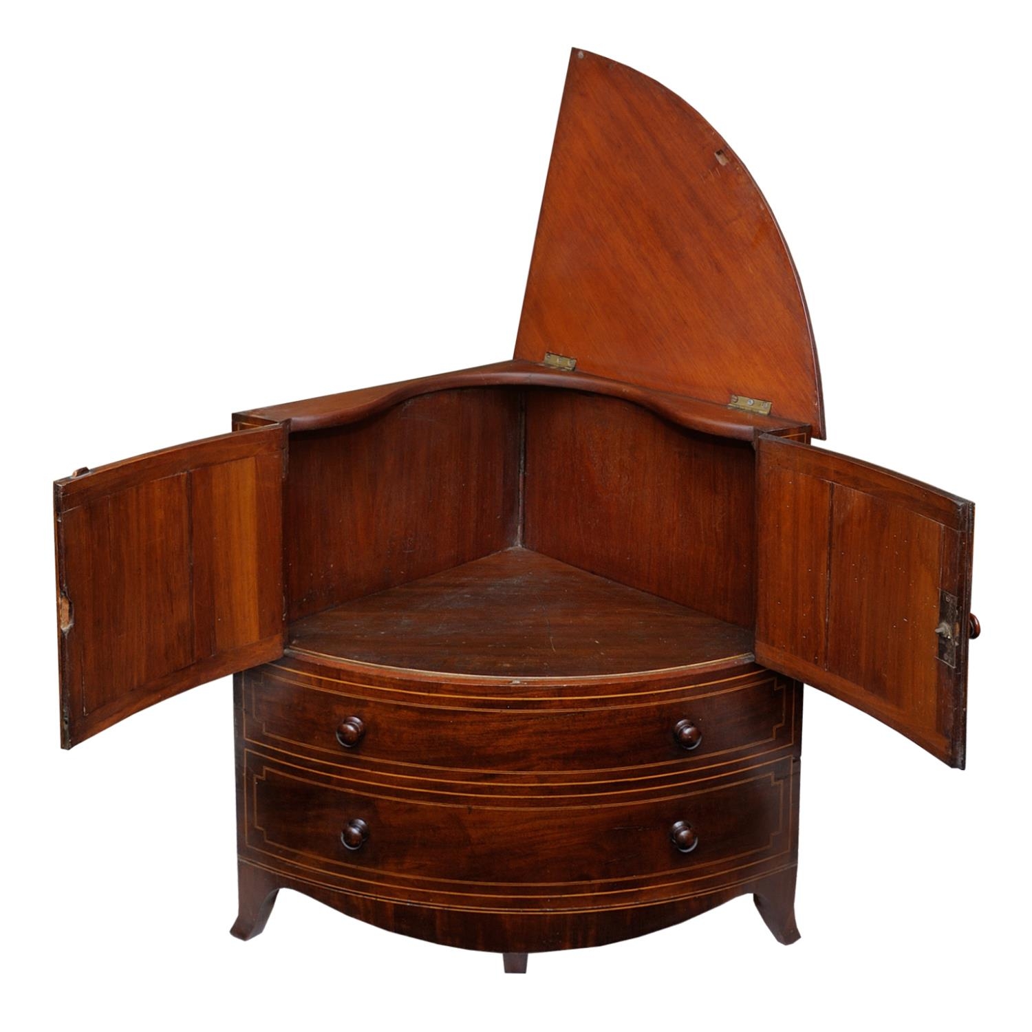 A Georgian mahogany corner commode with rising lid, with bowfronted outline, the front elevation - Image 3 of 5