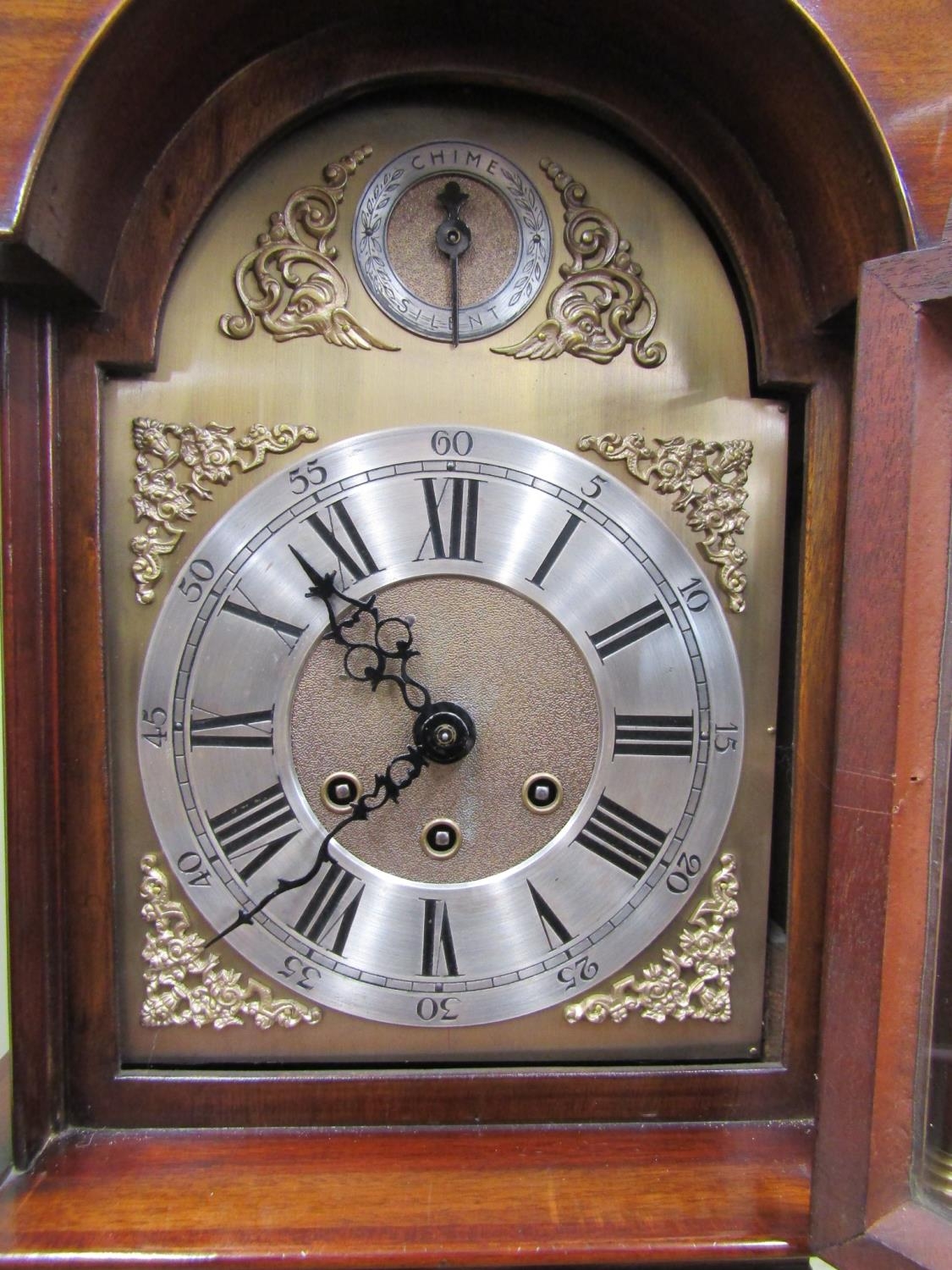 Small Georgian style grand mother clock with broken arch dial and swan neck pediment with eight day, - Image 2 of 5