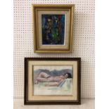Two 20th century paintings and six prints: Expressionistic portrait of two figures, oil on canvas,