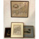 Four framed items including two maps: Robert Morden (c.1650-1703) - 'Cornwall', hand-coloured