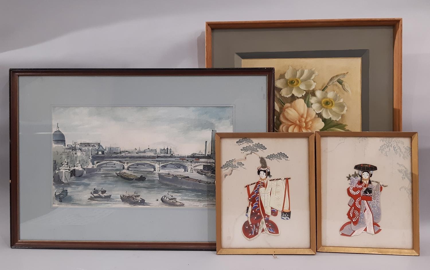 Four framed works: Evelyn Collage?, floral still life, oil on board, 60 x 50 cm, labelled verso;