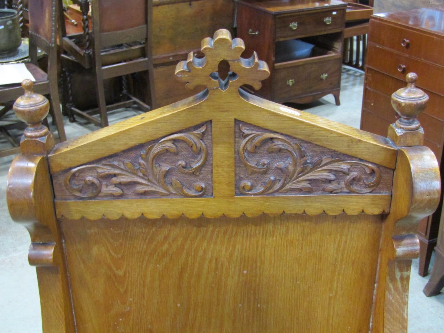 A Victorian gothic oak throne/church chair with shaped and moulded outline, downswept arms and - Image 4 of 4