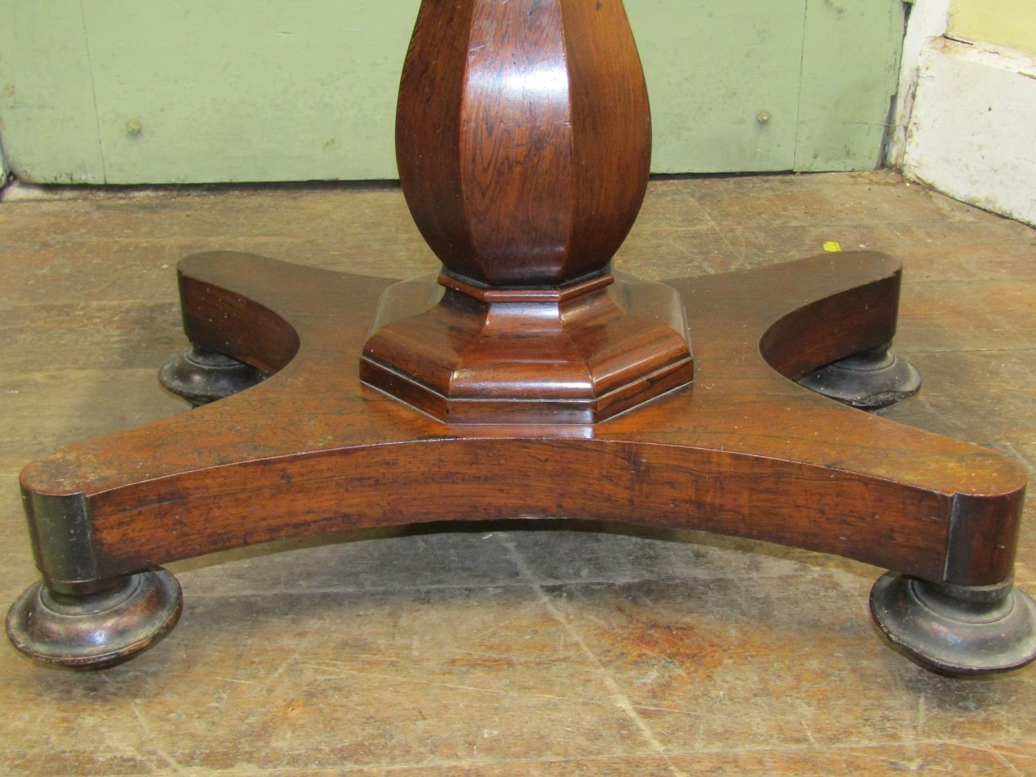 A late Regency rosewood D end fold over top card table with vase shaped pillar and platform base - Image 4 of 4