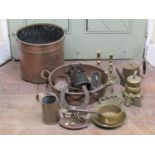 19th century copper pan, copper bucket, together with a collection of brass effects, candlesticks,