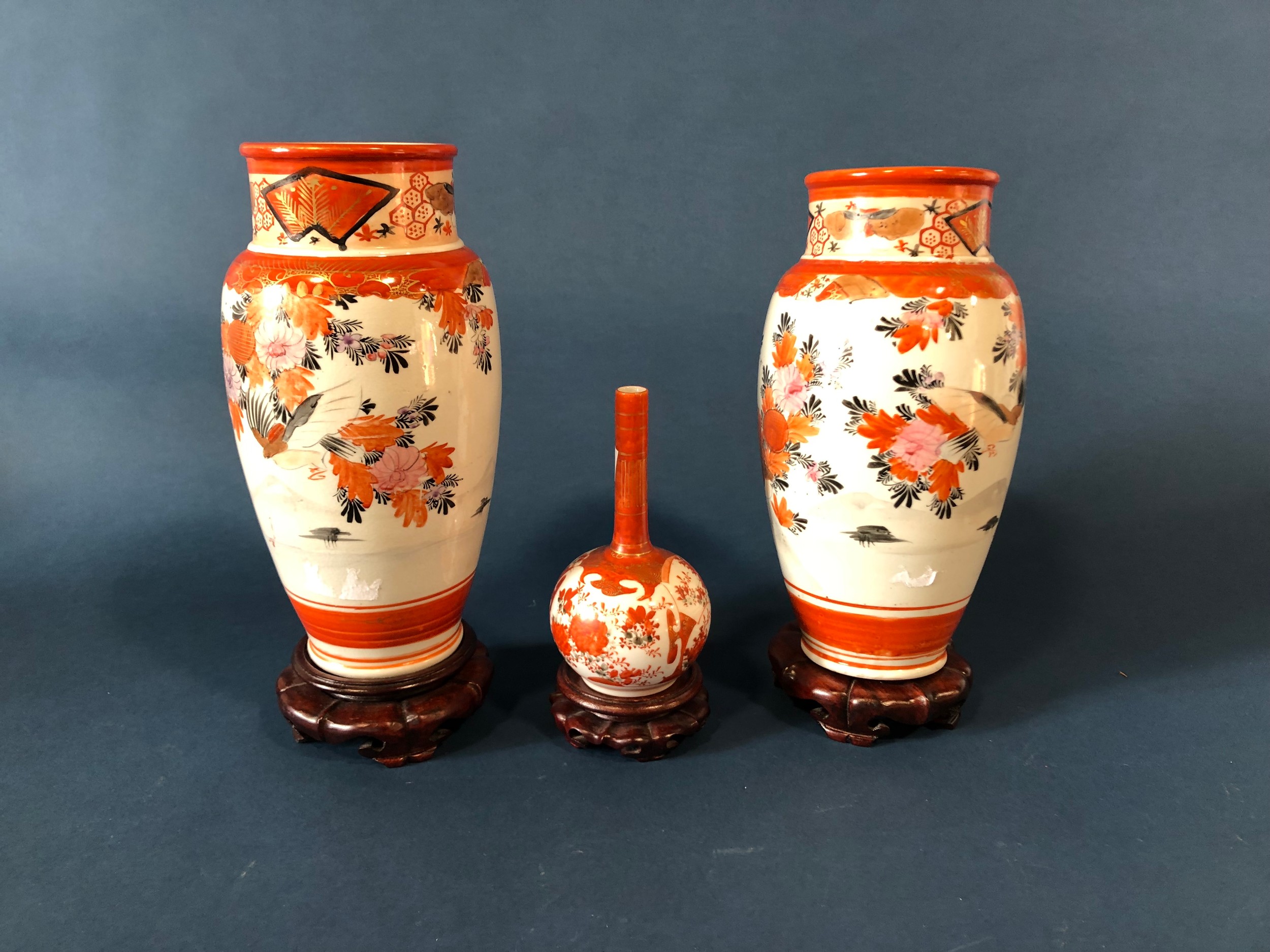 A pair of Imari baluster vases, 24cm high, another with slender neck, all on stands, a soapstone - Image 7 of 7