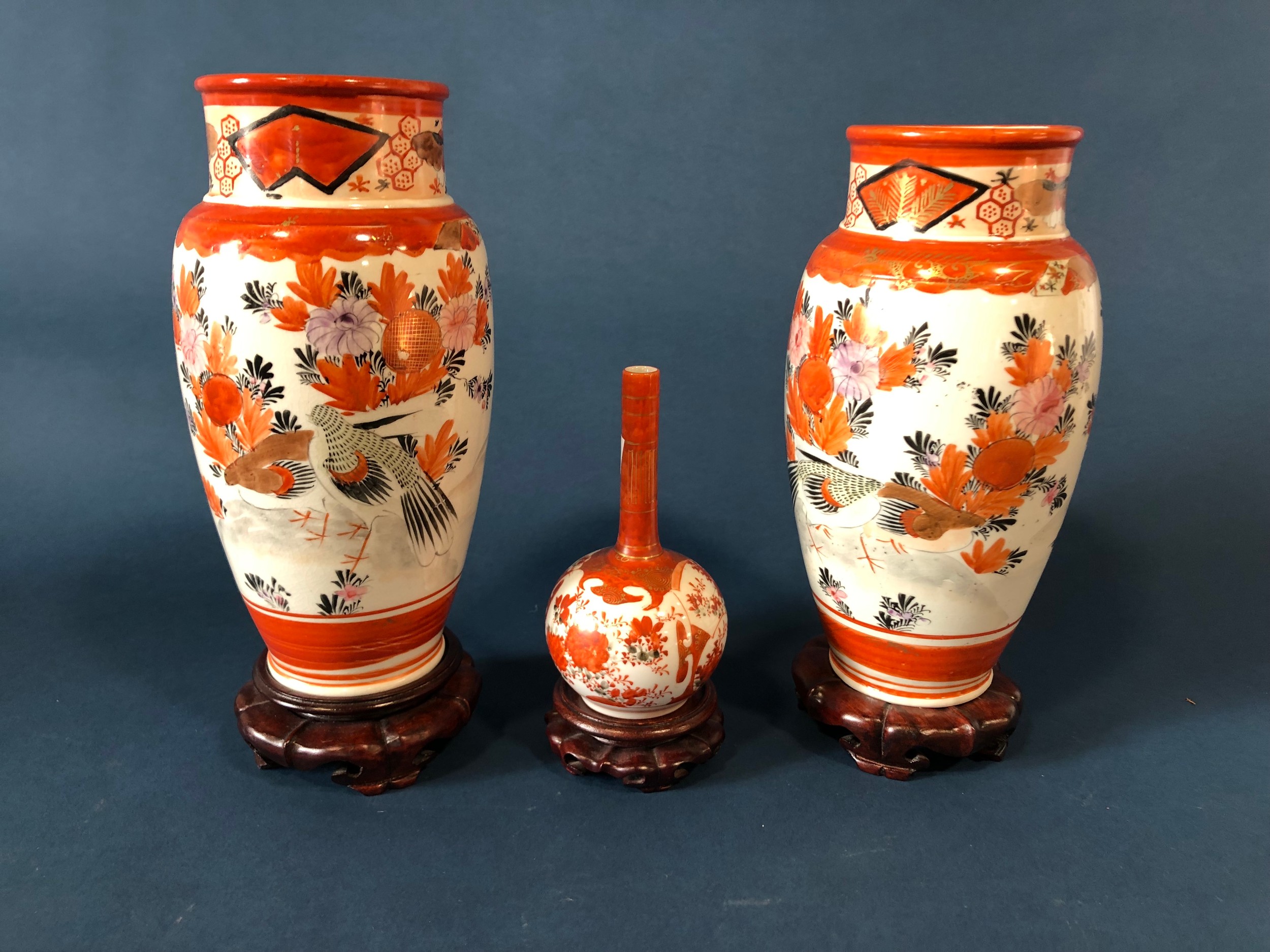 A pair of Imari baluster vases, 24cm high, another with slender neck, all on stands, a soapstone - Image 6 of 7