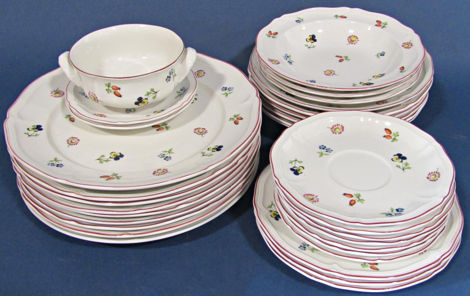 A collection of Villeroy & Boch Petite Fleur tablewares comprising graduated plates, soup bowls,