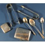 A small selection of various teaspoons, two sugar tongs, a cigarette case, and a vesta , 6.9oz