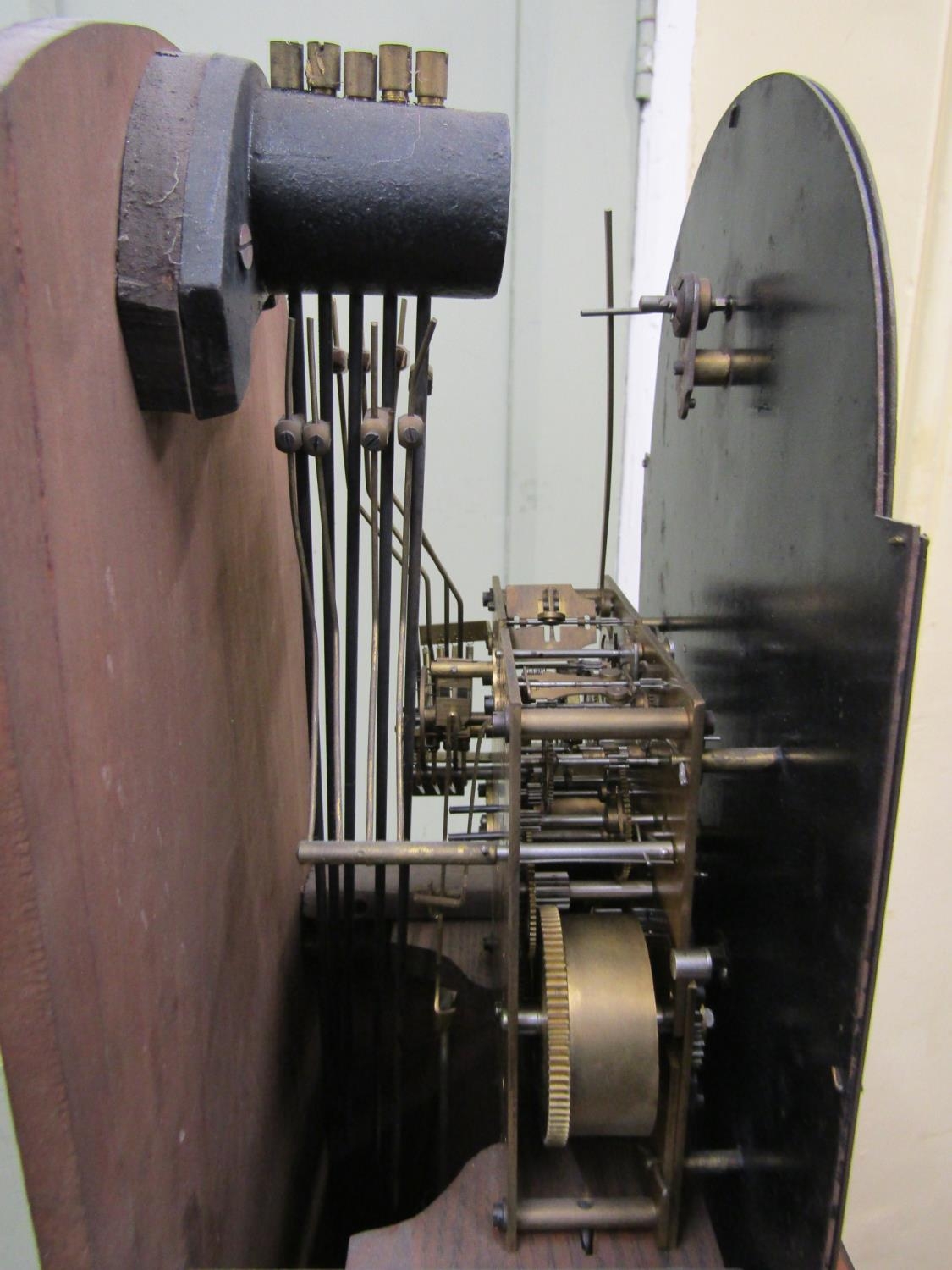 Small Georgian style grand mother clock with broken arch dial and swan neck pediment with eight day, - Image 5 of 5