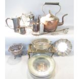 A 19th century copper kettle and barometer, silver plated case, further silver plated wares, etc