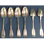 Six Victorian silver fiddle pattern tablespoons, London 1840 and 1846 by Samuel Hayne and Dudley