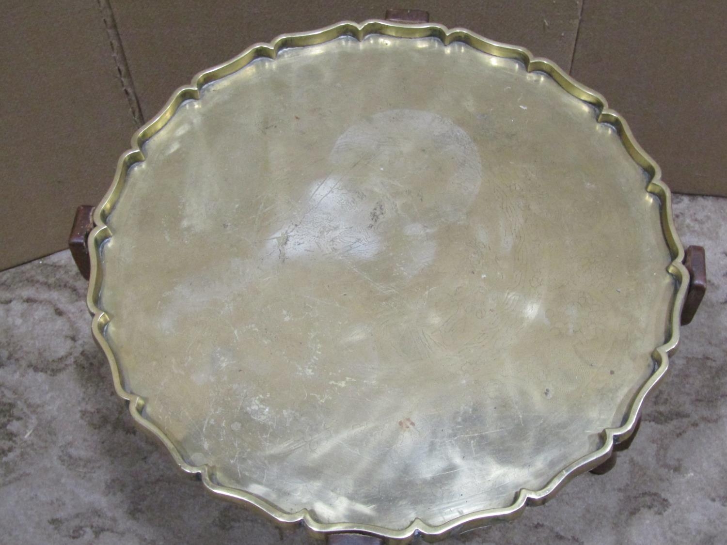 A heavy gauge Eastern brass/bronze polished circular tray top occasional table with shaped - Image 2 of 3