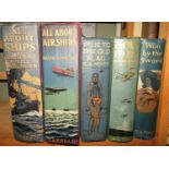 Edwardian boy's books with decorated spines including All About Airships by Ralph Simmonds 1918