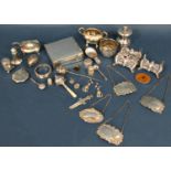 Georgian and later small silver artefacts, caddy spoon, menu holders, condiments (10oz weighable