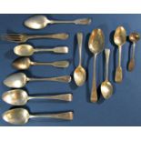 A collection of 19th century silver flatware comprising five dessert spoons, five teaspoons, a