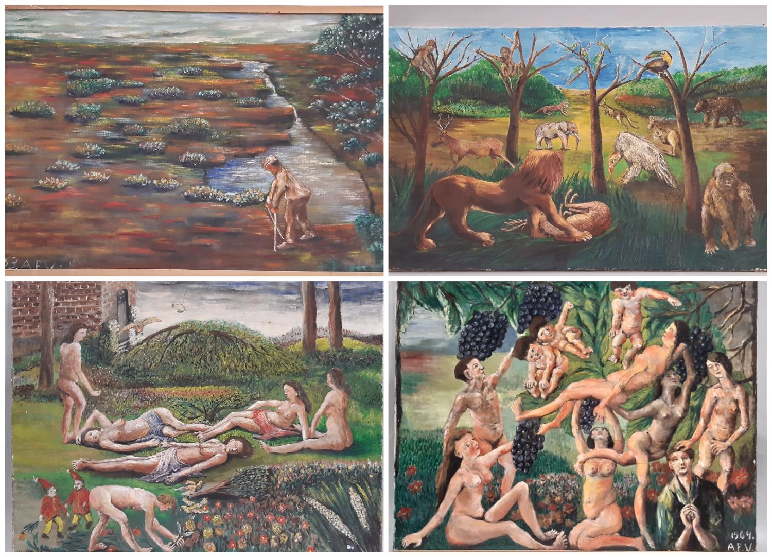 Eleven works to include: Four oil paintings of surrealist landscapes, depicting nude figures and