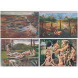 Eleven works to include: Four oil paintings of surrealist landscapes, depicting nude figures and