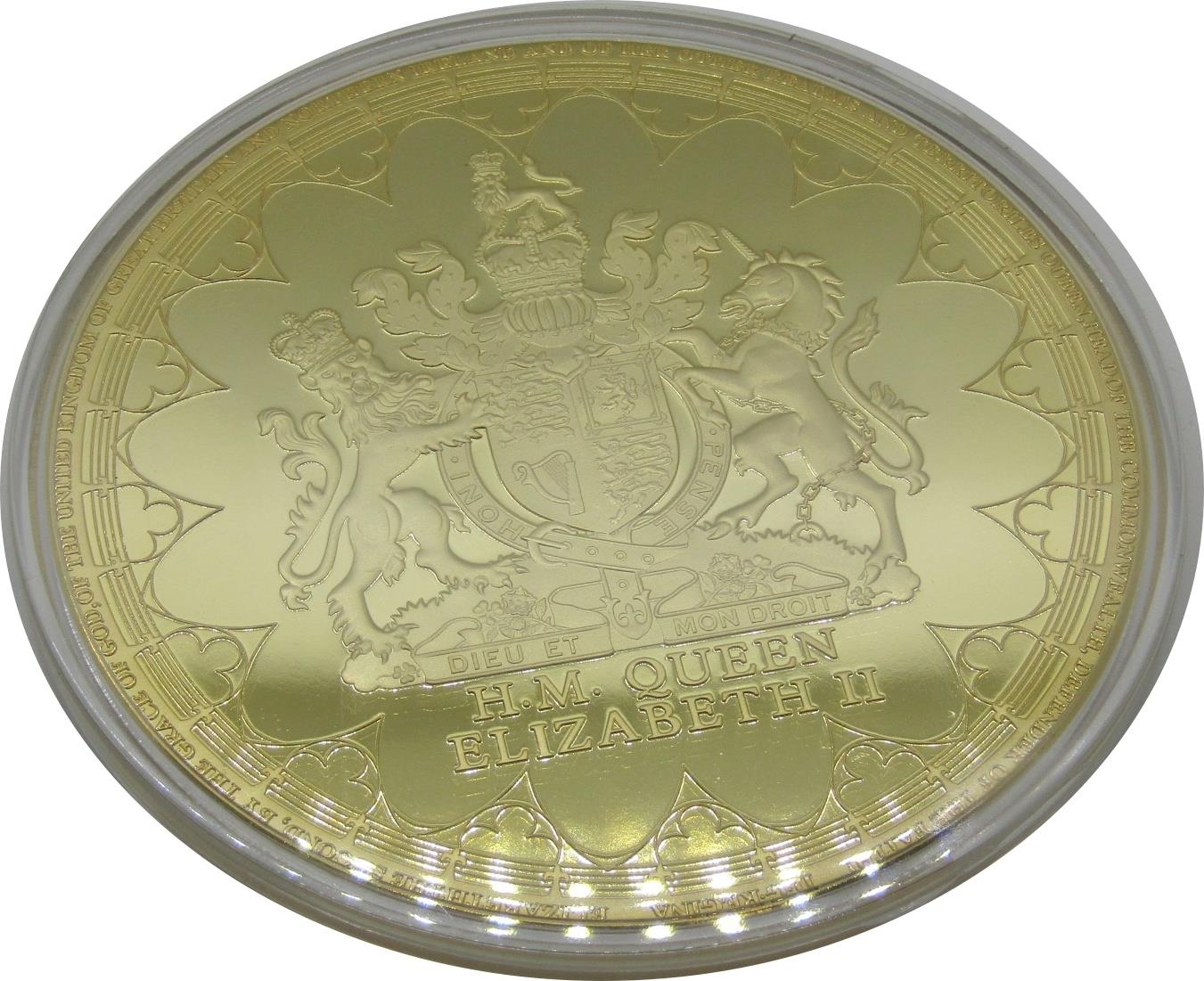 Four gold plated Jumbo strike medallions:- all 100 mm in diameter commemorating the Accession of Her - Image 2 of 8