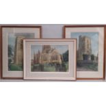 Eight framed works: William Suddaby (20th/21st century) - Three paintings of churches, pencil,